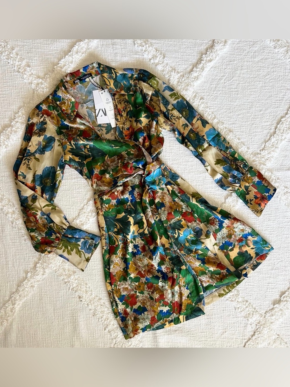 Zara Green Multi Floral Satin Wrap Dress - Picture 1 of 7